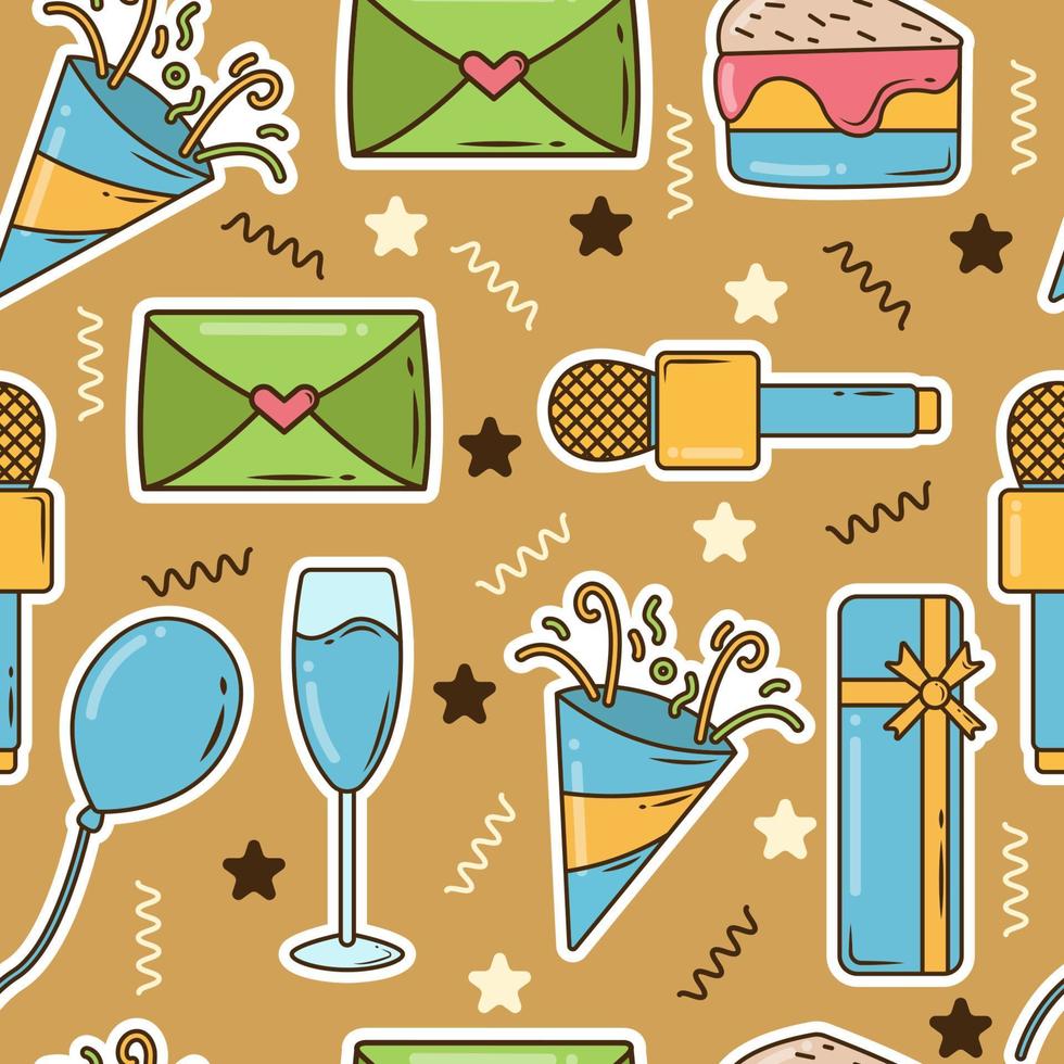 Hand drawn cartoon doodle birthday party items seamless repeat pattern vector