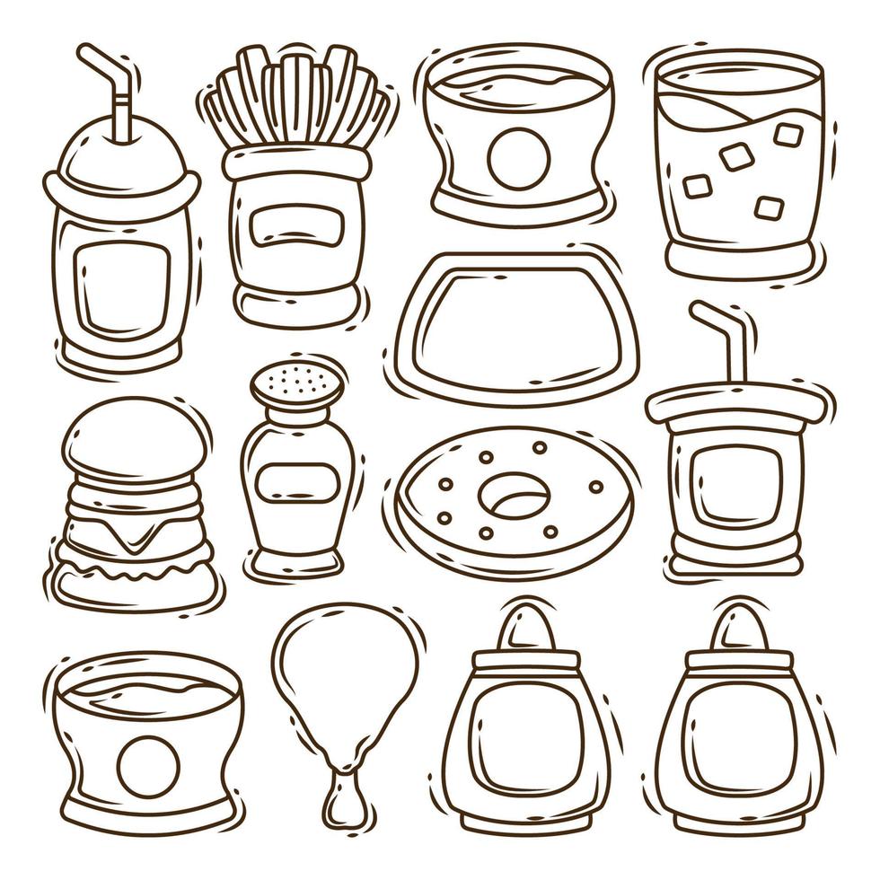 conjunto de elementos de comida rápida dibujados a mano dibujos animados doodle diseño para colorear vector