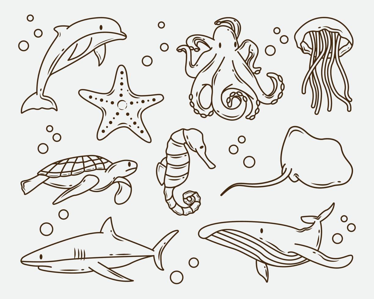 Set of hand drawn sea animal cartoon doodle bundle coloring vector