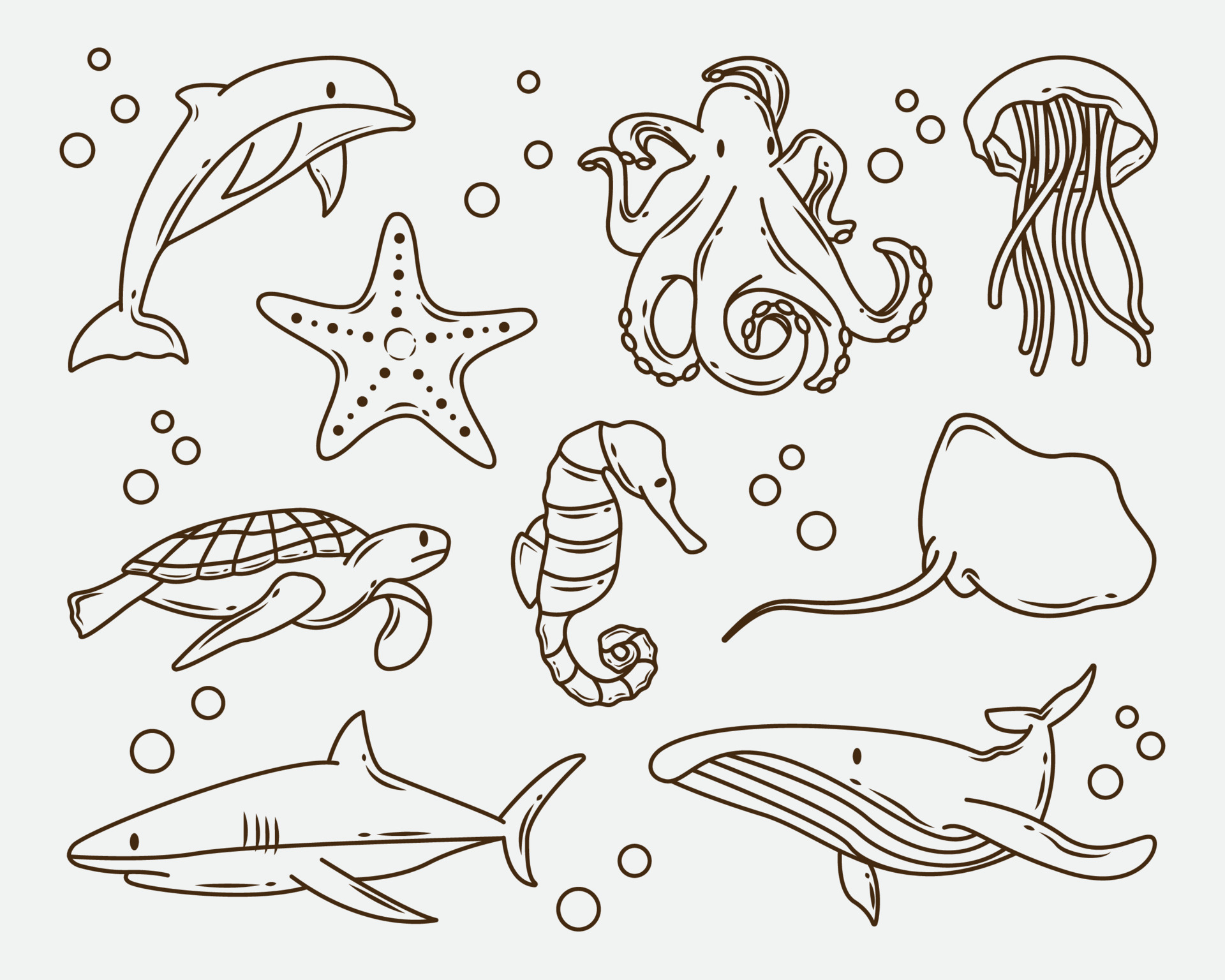 Set of hand drawn sea animal cartoon doodle bundle coloring 5303457 Vector  Art at Vecteezy