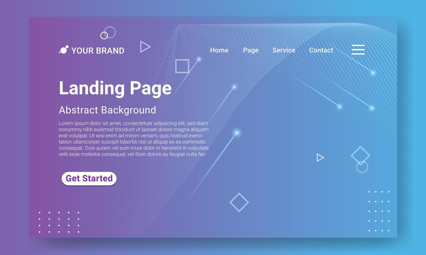 Minimal Landing Page Website Template. Blue gradient geometric background with dynamic shapes, wave and shooting star element. Design for website and mobile website development. vector