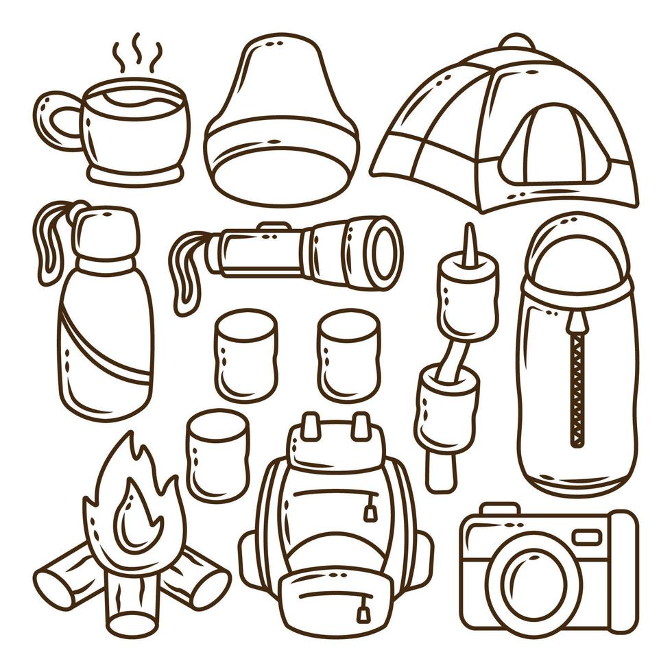 Set of hand drawn kawaii camping cartoon doodle coloring vector