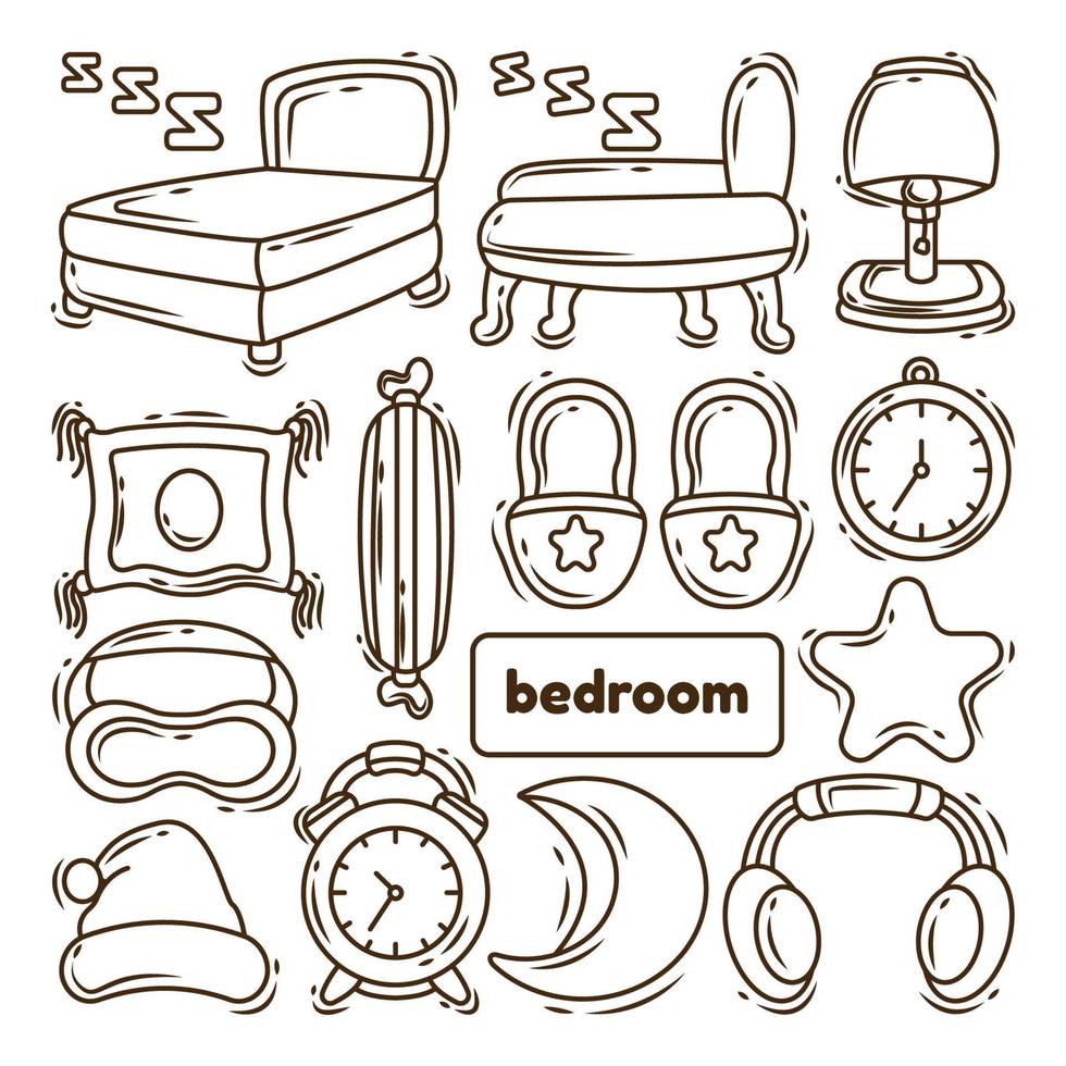 Hand drawn cartoon doodle bedroom collection coloring vector