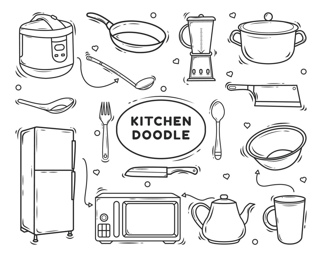 equipo de cocina dibujado a mano dibujos animados doodle diseño para colorear vector