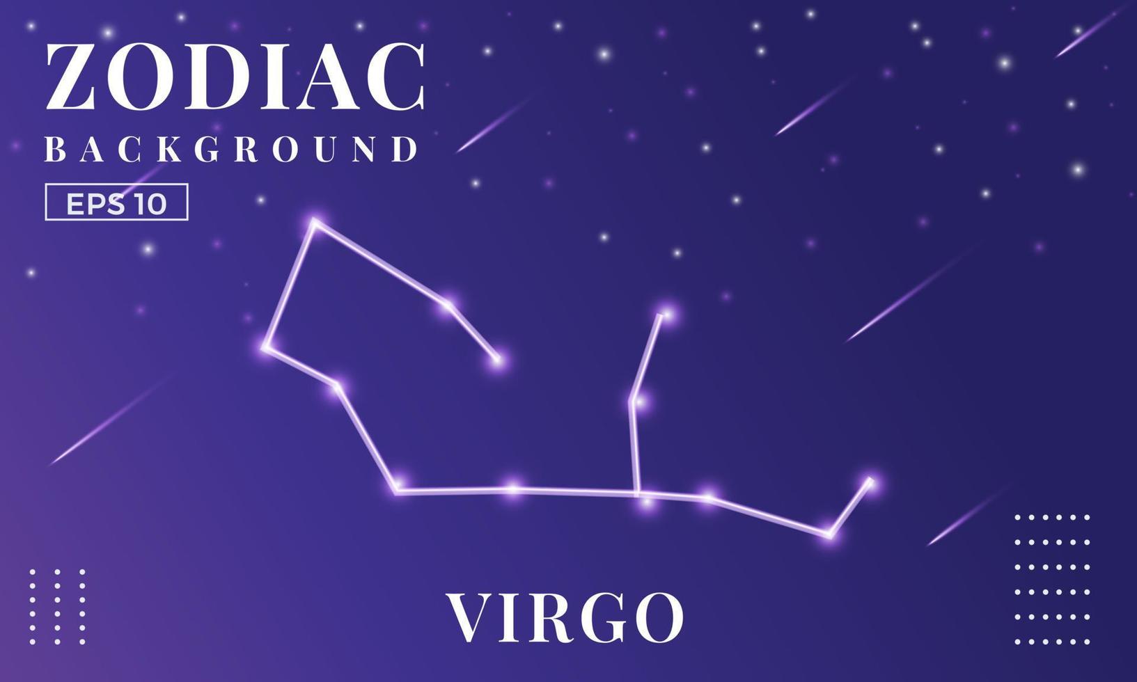 fondo de zodiaco virgo en la noche con hermosas estrellas fugaces y adornos de estrellas. perfecto para folletos de cuaderno, libros escolares, papel de cuaderno, libro, plantilla de revista. vector