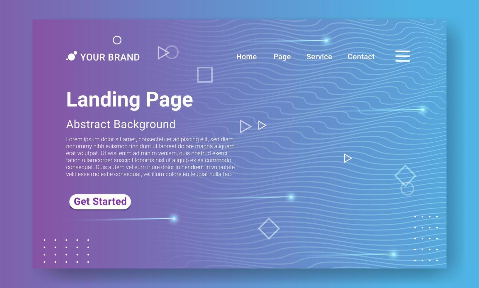 Minimal Landing Page Website Template. Blue gradient geometric background with dynamic shapes, wave and shooting star element. Design for website and mobile website development. vector