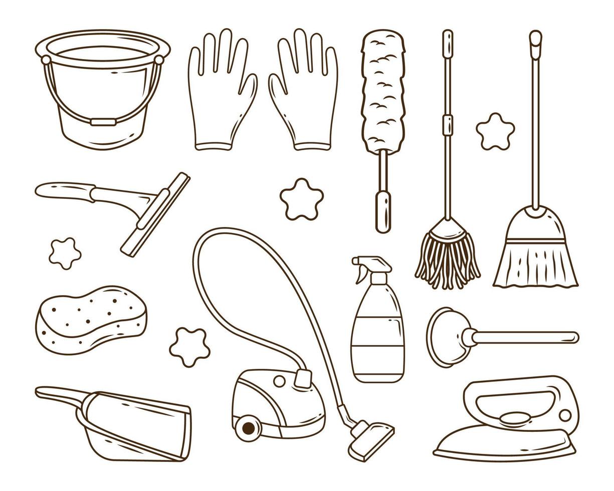 conjunto de servicio de limpieza dibujado a mano en coloración estilo doodle vector