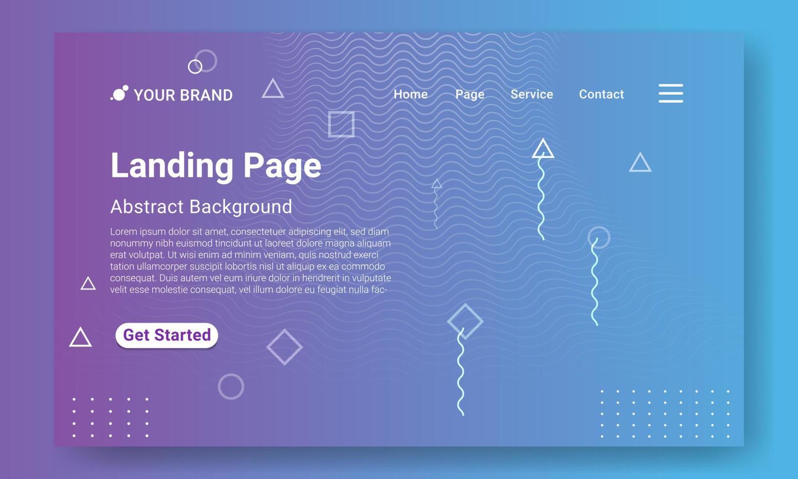 Abstract Landing Page Website Template. Blue gradient geometric background with dynamic shapes, wave and geometric ornament. Design for website and mobile website development. vector