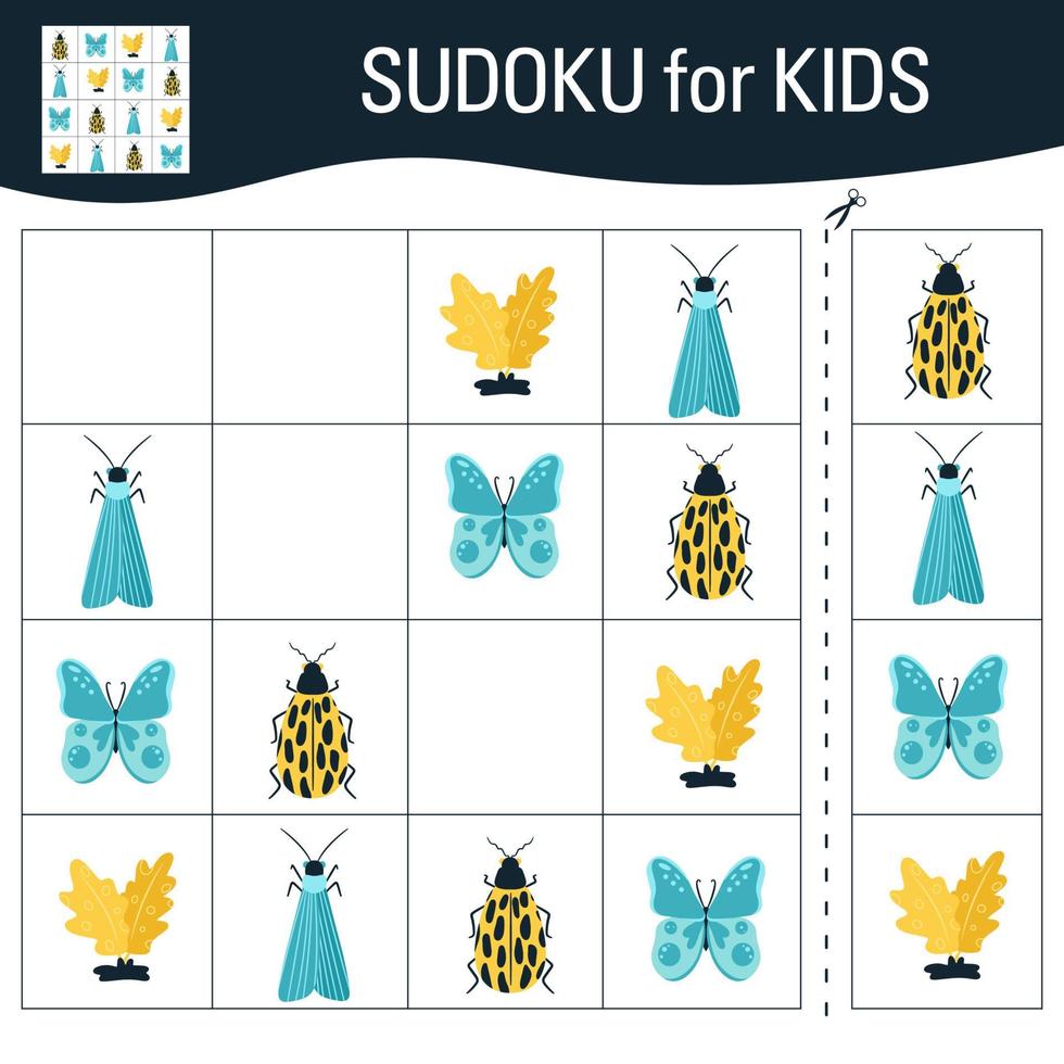 Sudoku game for kids with pictures. Cartoon butterflies, insects and elements of the natural world. Vector. vector