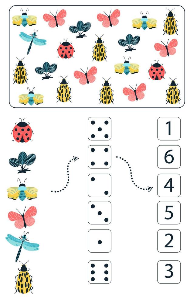 Math educational game for kids. Math worksheet for children with colorful insects, butterflies, beetles, flowers. Vector, cartoon style. vector