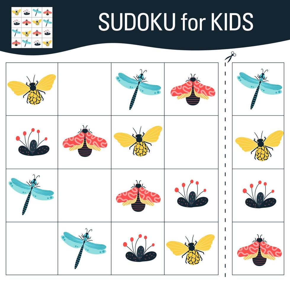 Sudoku game for kids with pictures. Cartoon butterflies, insects and elements of the natural world. Vector. vector