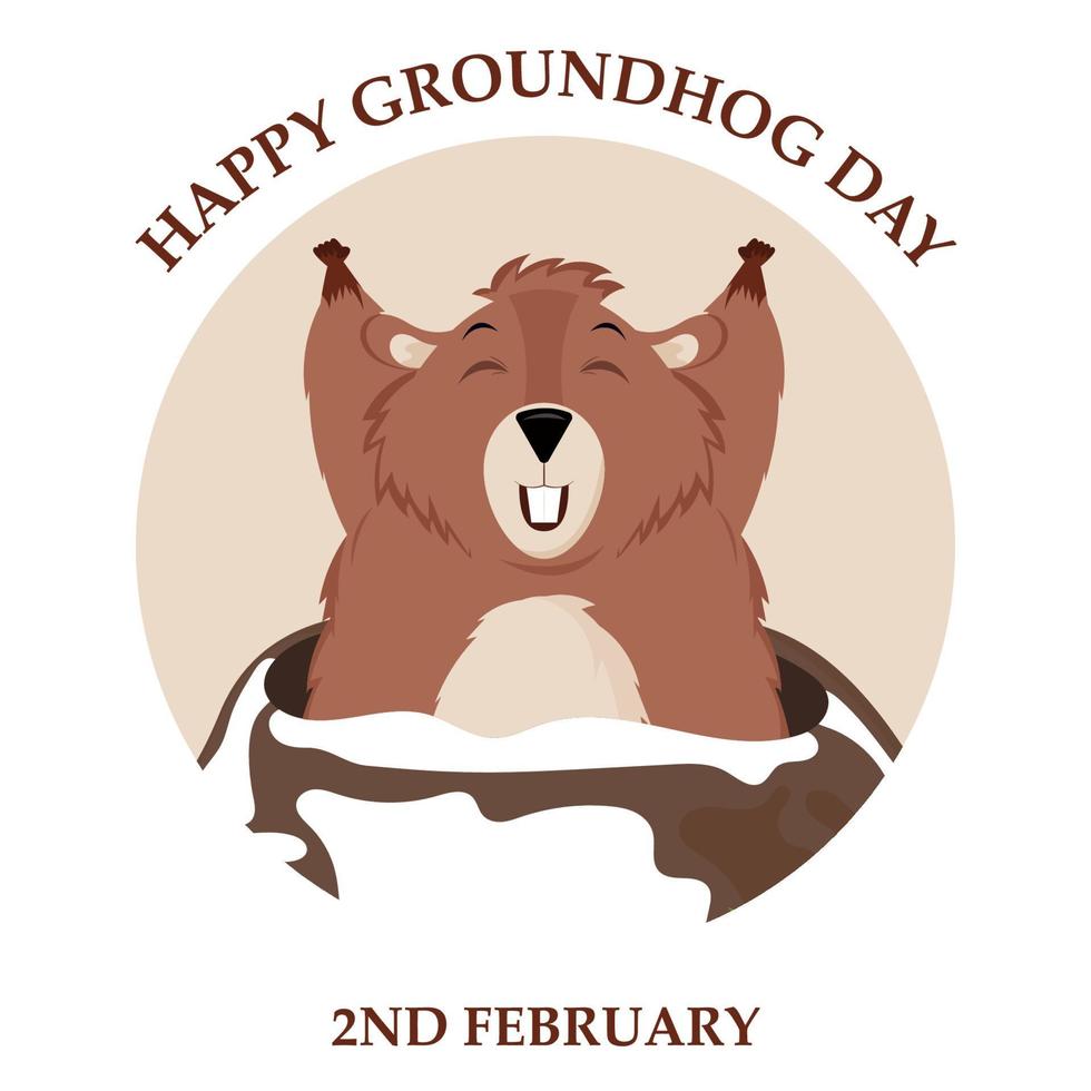 Happy Groundhog Day. Design of a funny and cute groundhog character for the design of banners, websites, fabric prints, stickers, icons. Vector cartoon style.