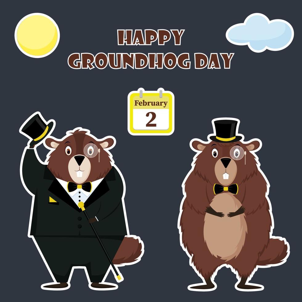 Happy Groundhog Day. Illustration of a sticker depicting an elegant groundhog in a top hat and tie. Vector illustration.