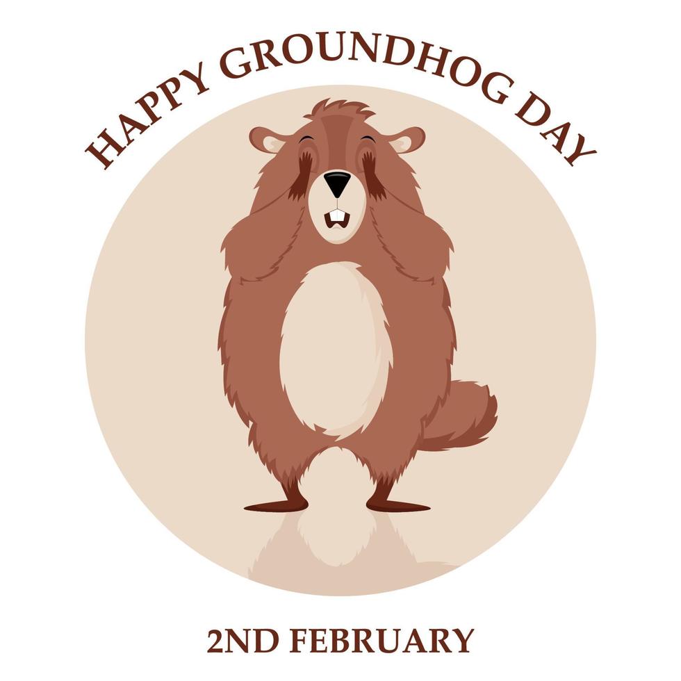 Happy Groundhog Day. Design of a funny and cute groundhog character for the design of banners, websites, fabric prints, stickers, icons. Vector cartoon style.