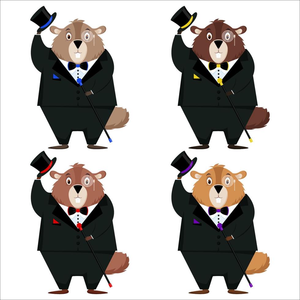 Happy Groundhog Day. A set of four elegant marmots in a tuxedo, top hat, bow tie, with a cane in their hands. Isolated on a white background. Vector illustration.