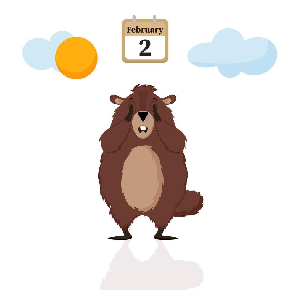 Happy Groundhog Day. The groundhog closes his eyes, afraid of his shadow. Isolated vector illustration on a white background.
