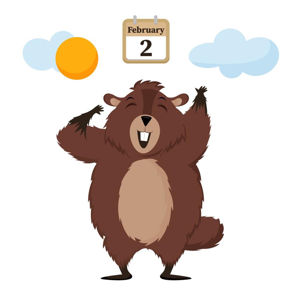 Happy Groundhog Day. Happy groundhog rejoices in spring. Isolated vector illustration on a white background.