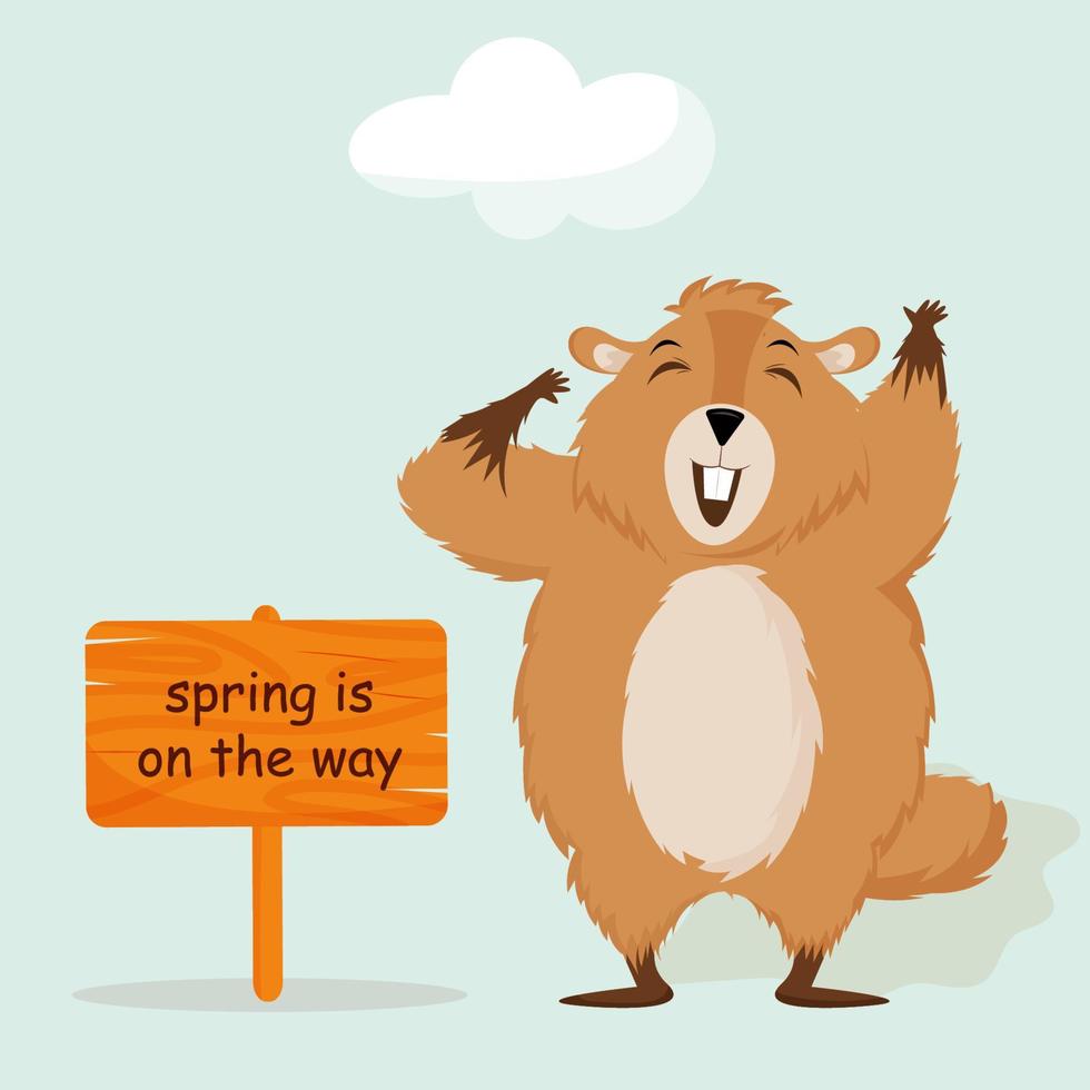 Happy Groundhog Day. Happy groundhog rejoices in spring. Isolated vector illustration.