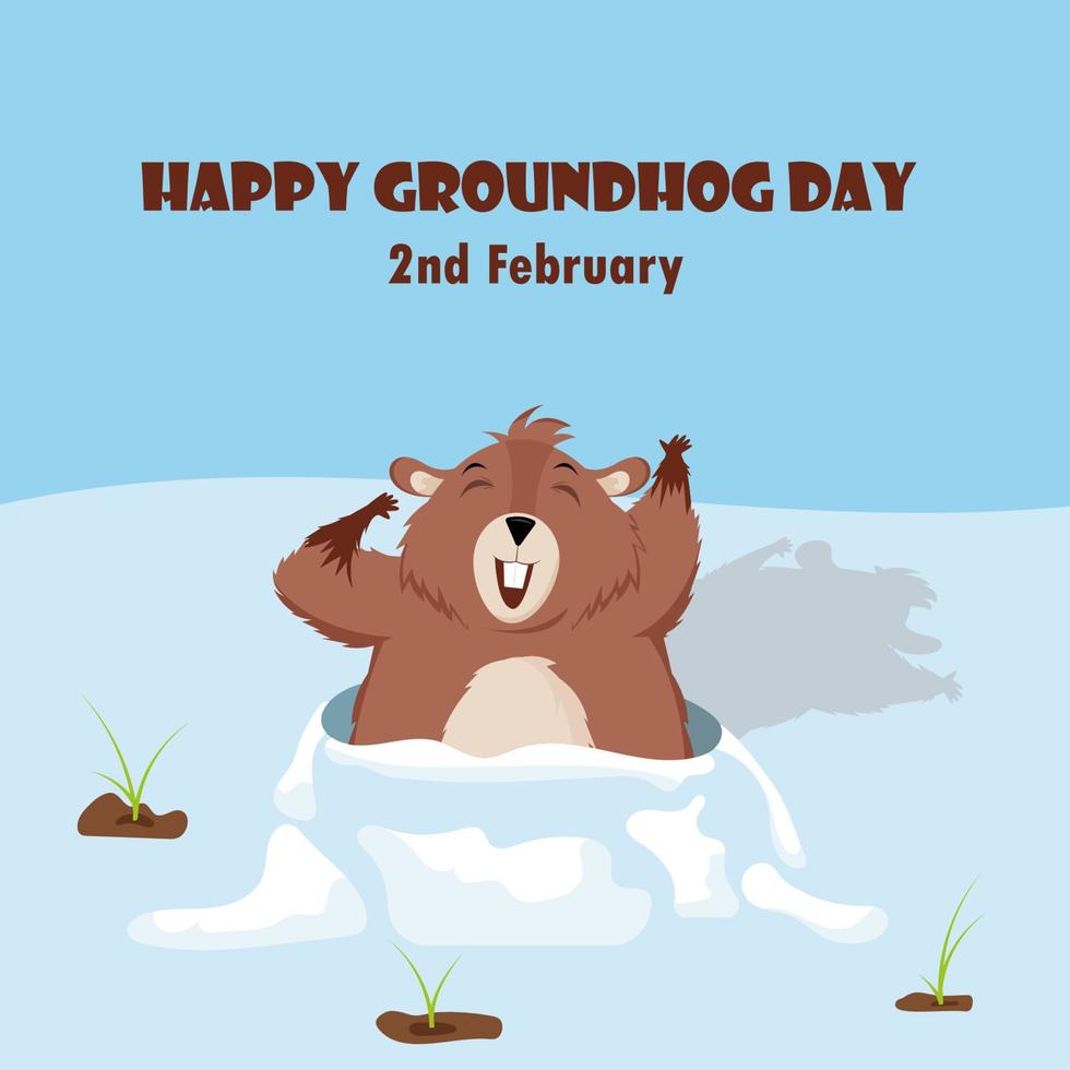 Happy Groundhog Day. Design with a cute groundhog character that pops out of a hole. Vector illustration.