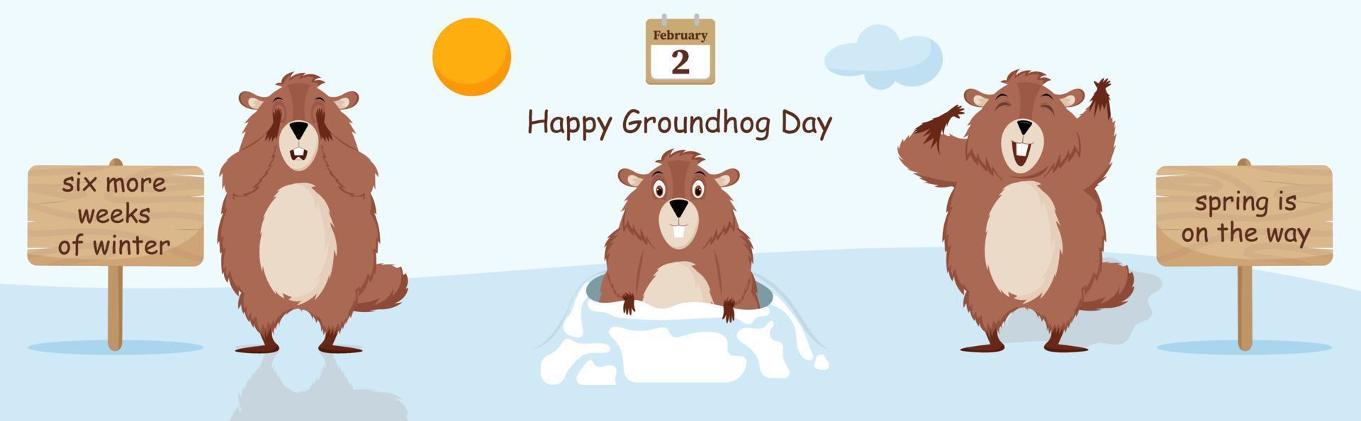 Happy Groundhog Day. Diagram with illustrations of cute and funny Groundhogs. Vector illustration.