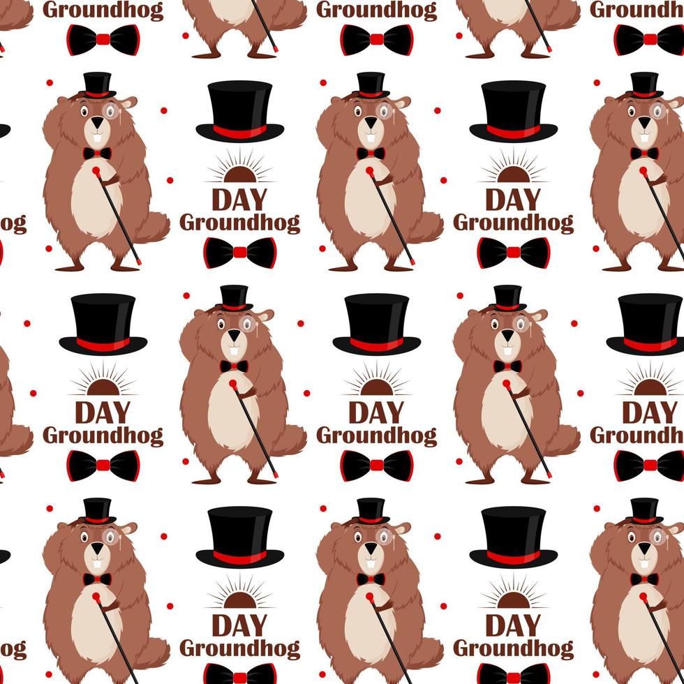 Happy Groundhog Day. Pattern of a groundhog in a tuxedo, top hat, bow tie, with a cane in his hand on a white background.Vector illustration. vector