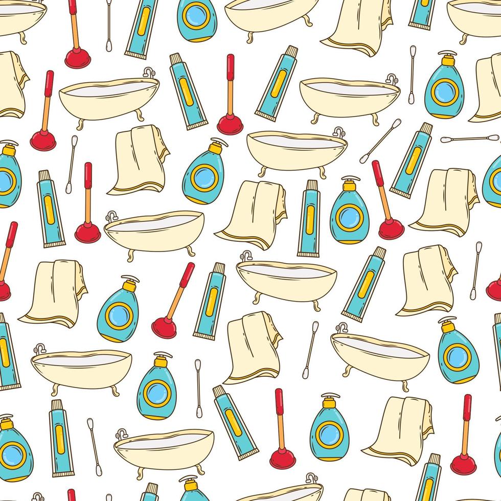 Hand drawn cartoon doodle bathroom tools seamless repeat pattern vector