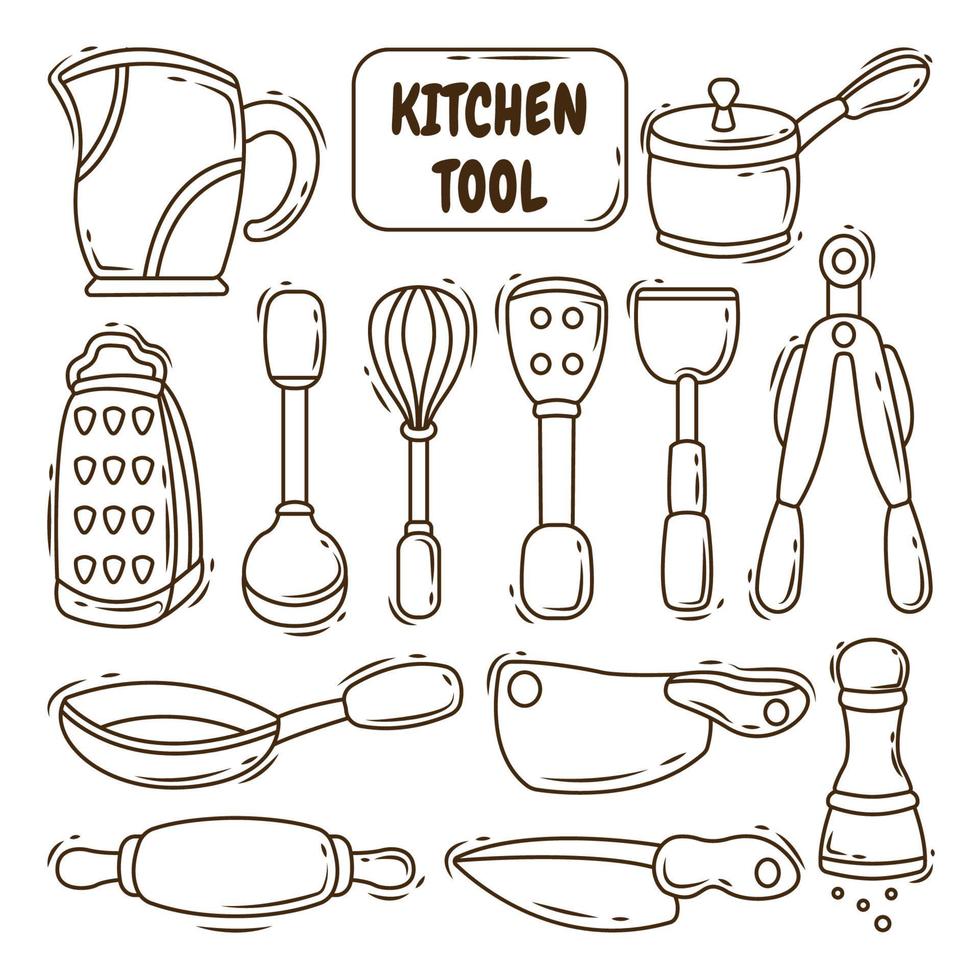 Collection of hand drawn kitchen tool cartoon doodle style coloring vector