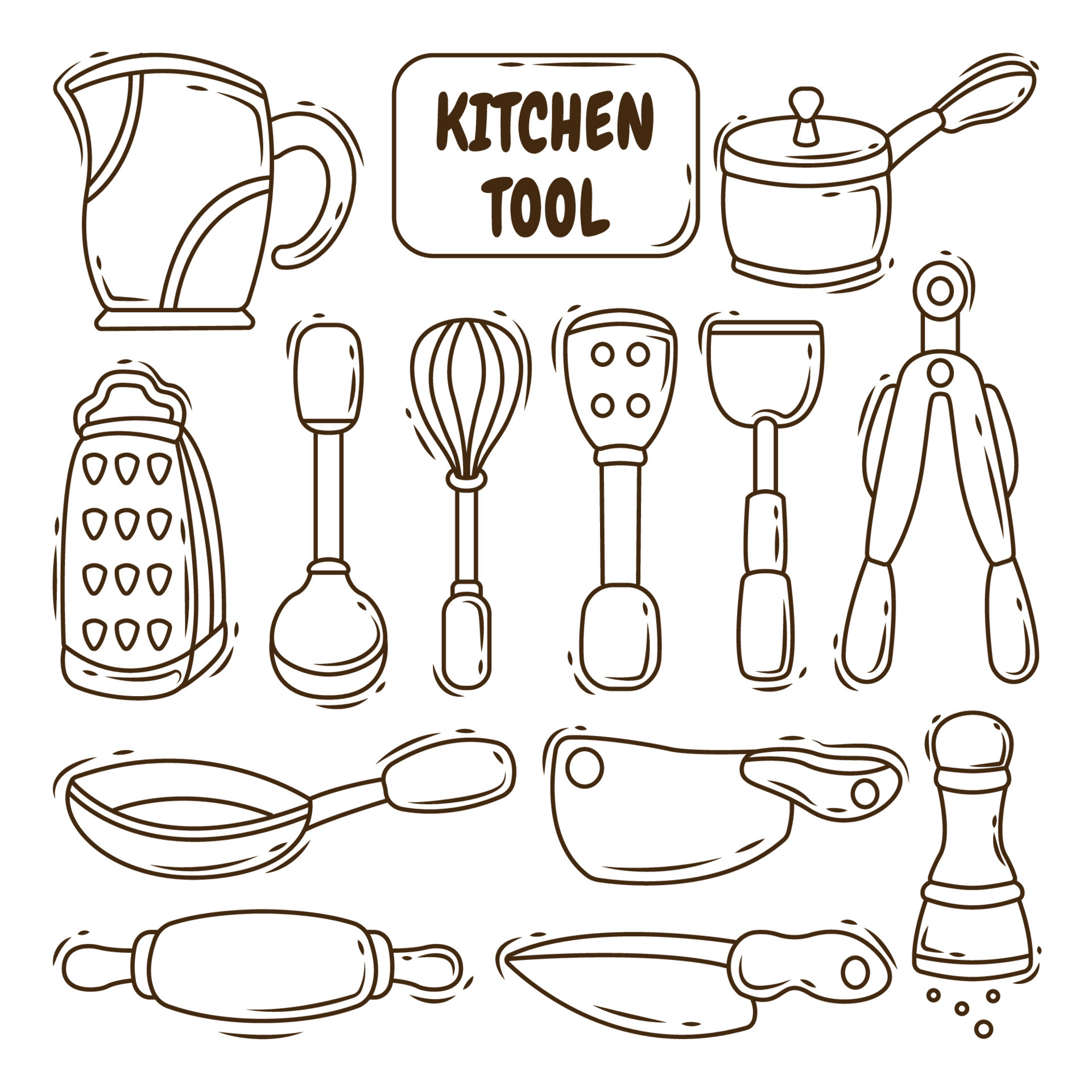 Collection of hand drawn kitchen tool cartoon doodle style coloring 5303632  Vector Art at Vecteezy