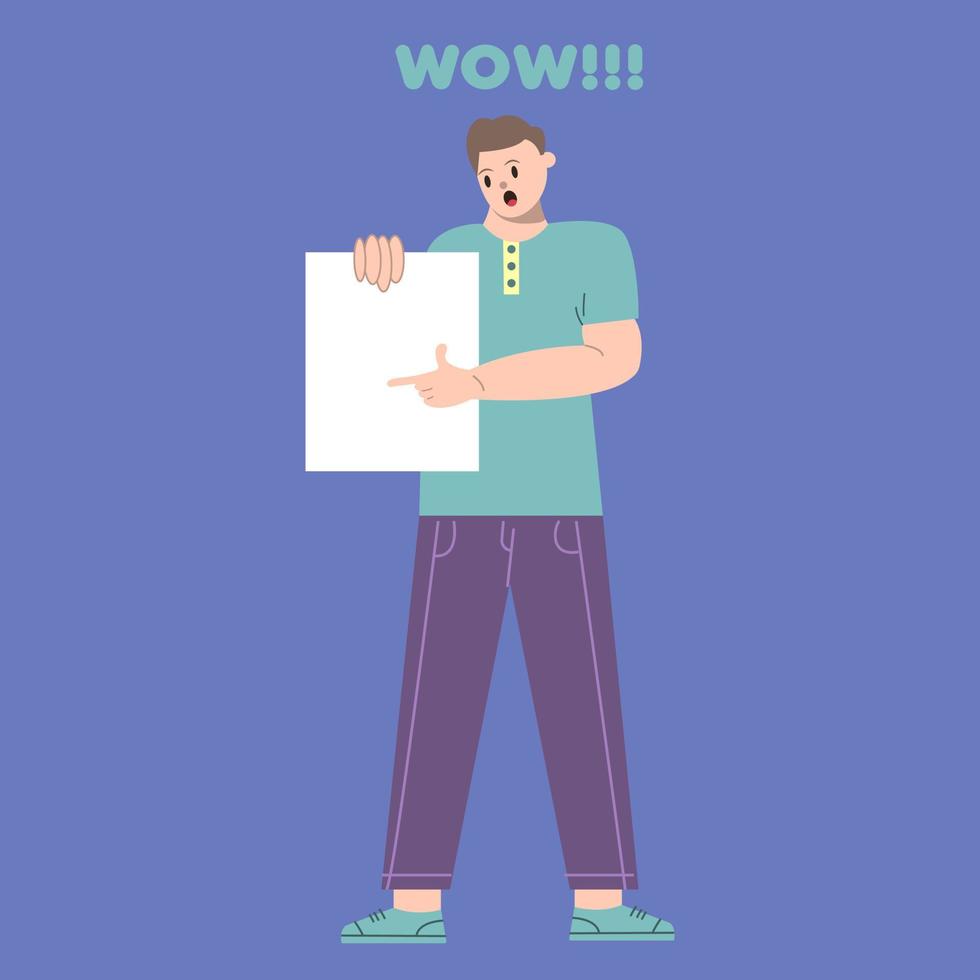 Illustration vector graphic of man cartoon character with paper holding pose in flat design. Business concept. Blue background. Perfect for business promotion, management,  marketing.