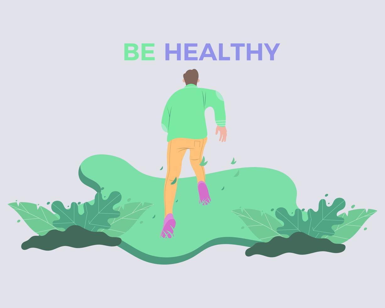 boy jogging in the garden in a flat design. White Background. suitable for health and nature themed illustrations. vector