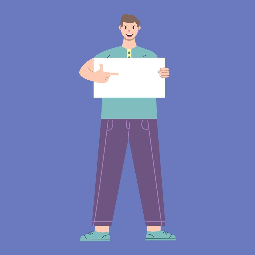 Illustration vector graphic of man cartoon character with paper holding pose in flat design. Business concept. Blue background. Perfect for business promotion, management,  marketing.