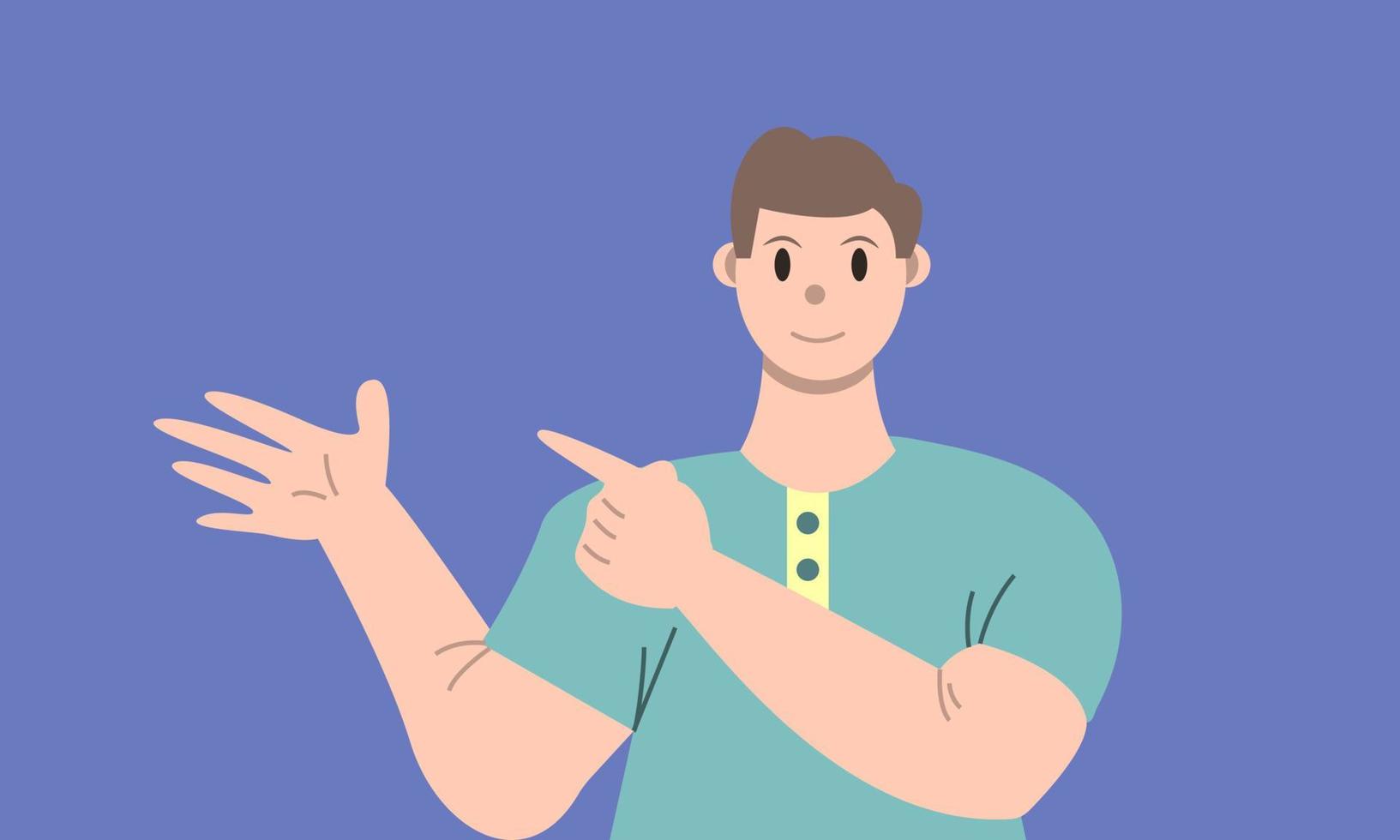 Illustration vector graphic of man cartoon character with pointing pose in flat design. Business concept. Blue background. Perfect for business promotion, management,  marketing.