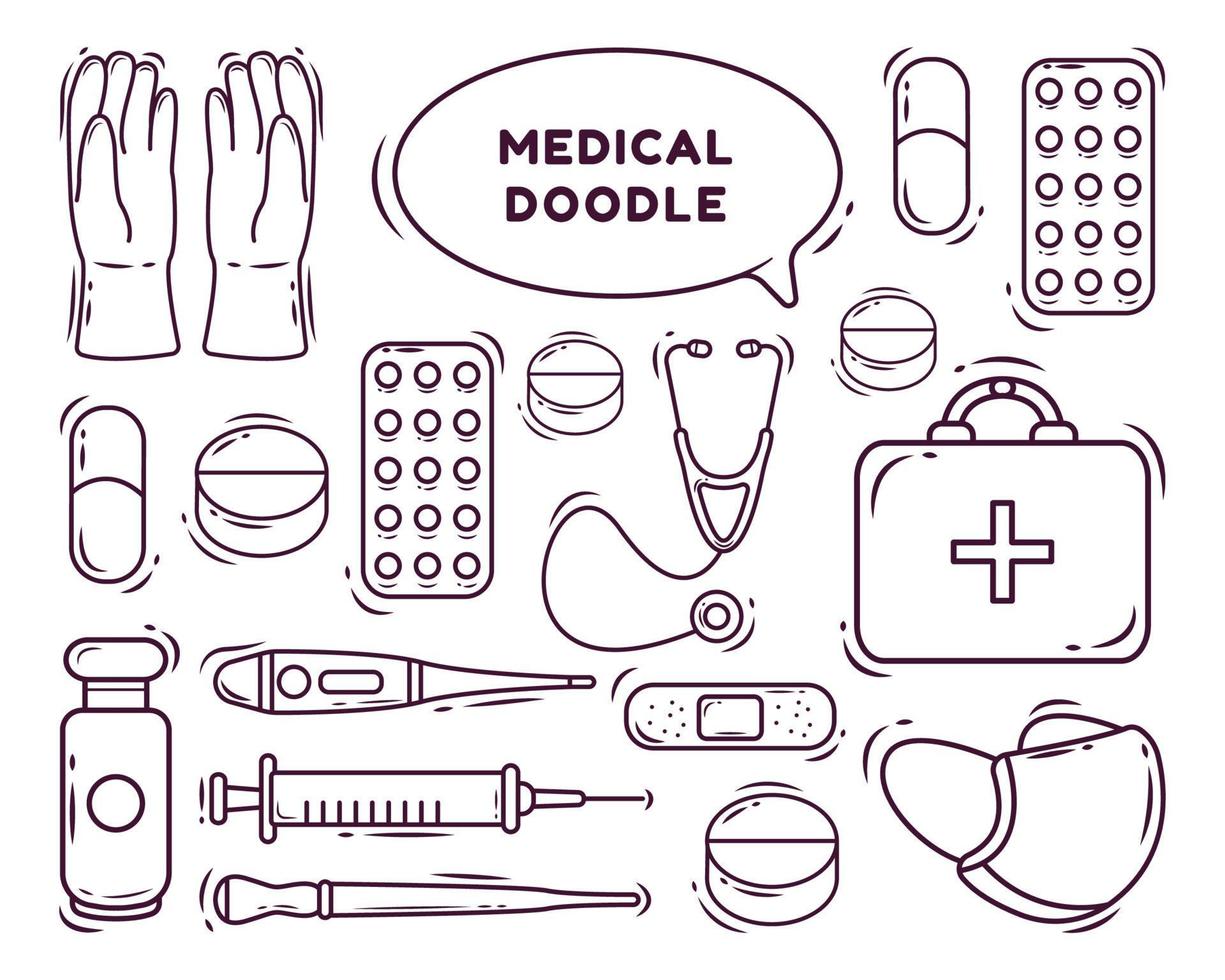 conjunto de dibujos animados médicos kawaii dibujados a mano estilo doodle para colorear vector