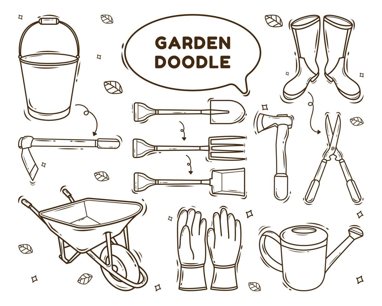 conjunto de herramientas de jardín dibujadas a mano dibujos animados estilo doodle para colorear vector