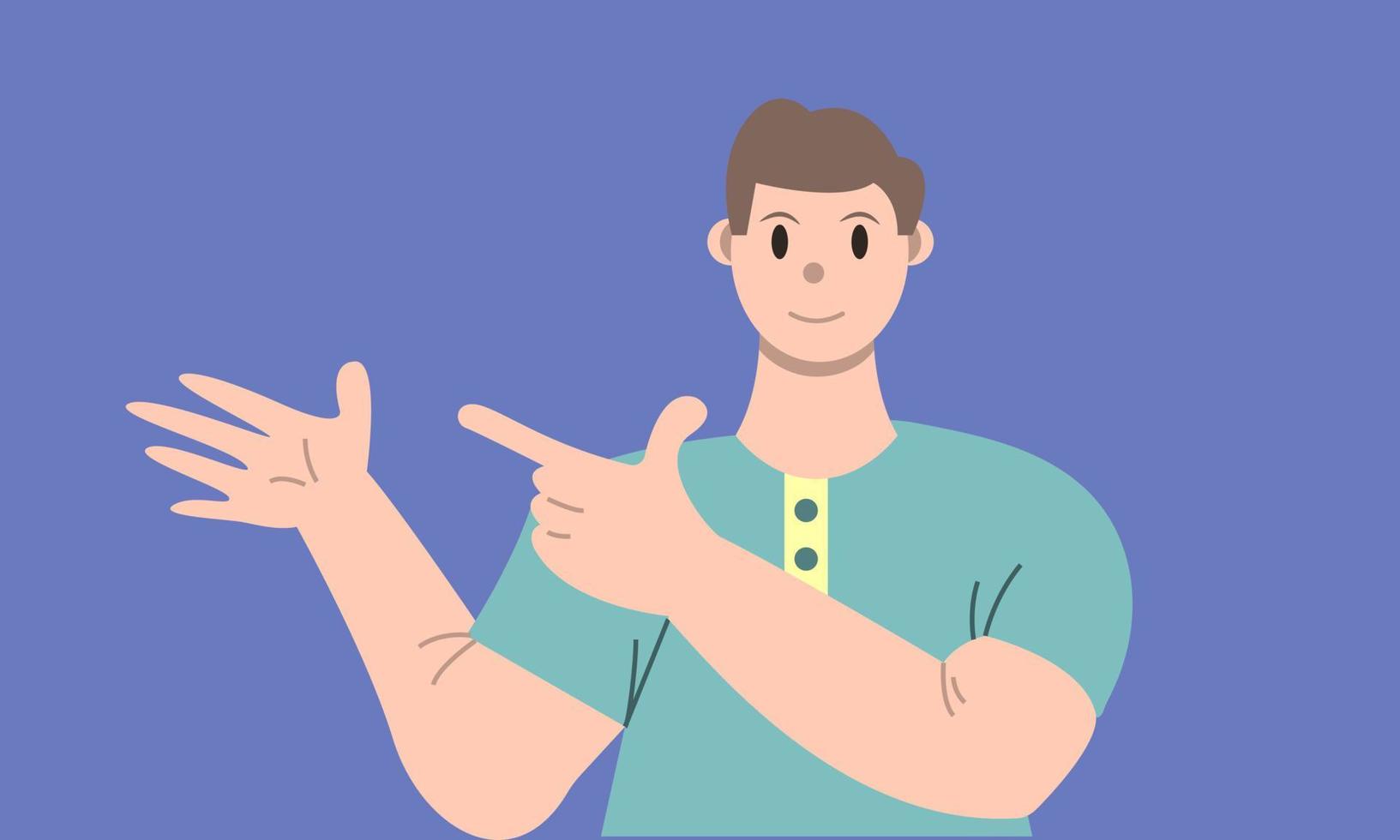 gráfico vectorial de ilustración del personaje de dibujos animados de hombre con pose de señalar en diseño plano. concepto de negocio. fondo azul. perfecto para la promoción de negocios, gestión, marketing. vector