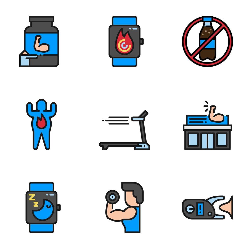 Fitness and healthy filled outline icon set. vector