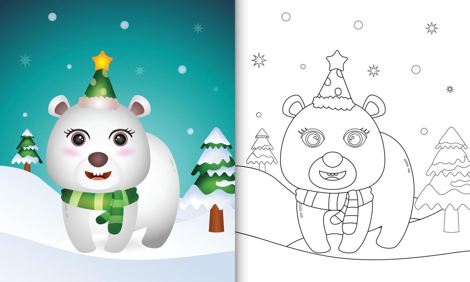 coloring book with a cute polar bear christmas characters collection with a hat and scarf vector