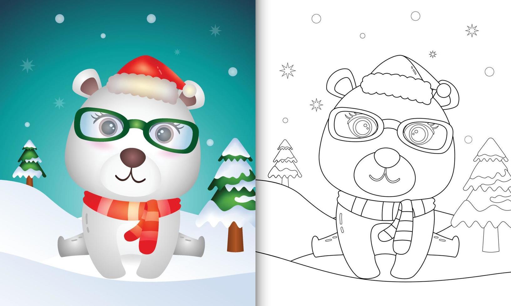 coloring book with a cute polar bear christmas characters with using santa hat and scarf vector