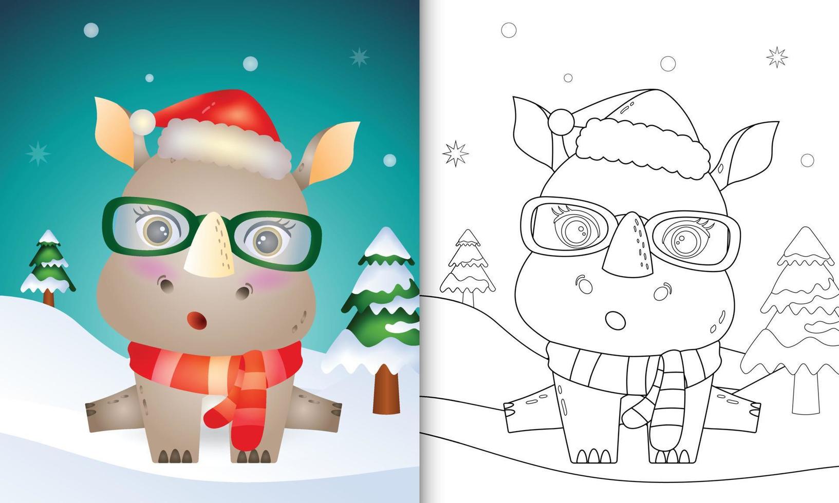 libro para colorear con un lindo rinoceronte personajes navideños con gorro de Papá Noel y bufanda vector