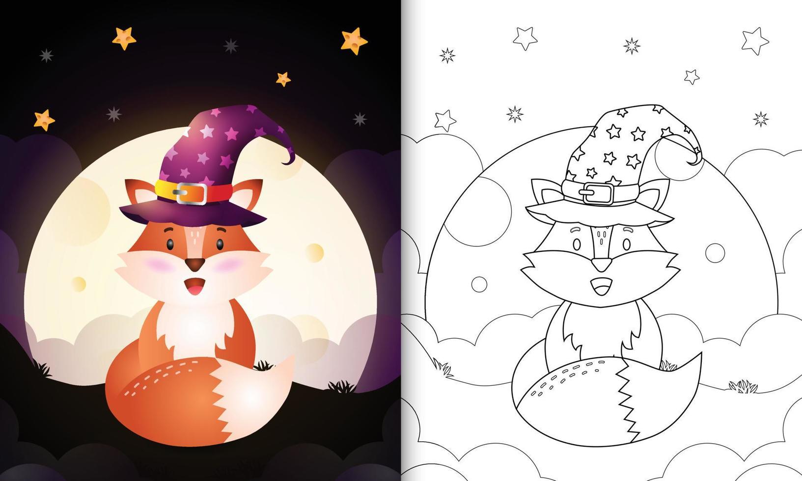 libro para colorear con una caricatura de halloween bruja zorro frente a la luna vector