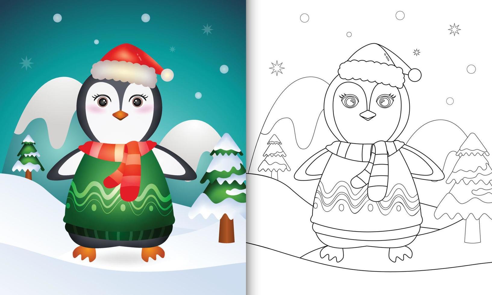 libro para colorear con un lindo pingüino personajes navideños con gorro de Papá Noel, chaqueta y bufanda vector