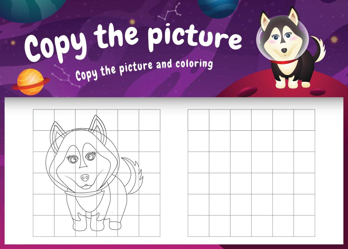 copy the picture kids game and coloring page with a cute husky dog in the space galaxy vector