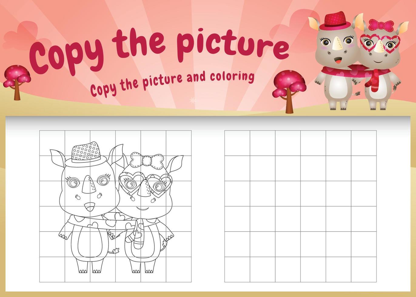 copy the picture kids game and coloring page with a cute rhinos using valentine costume vector