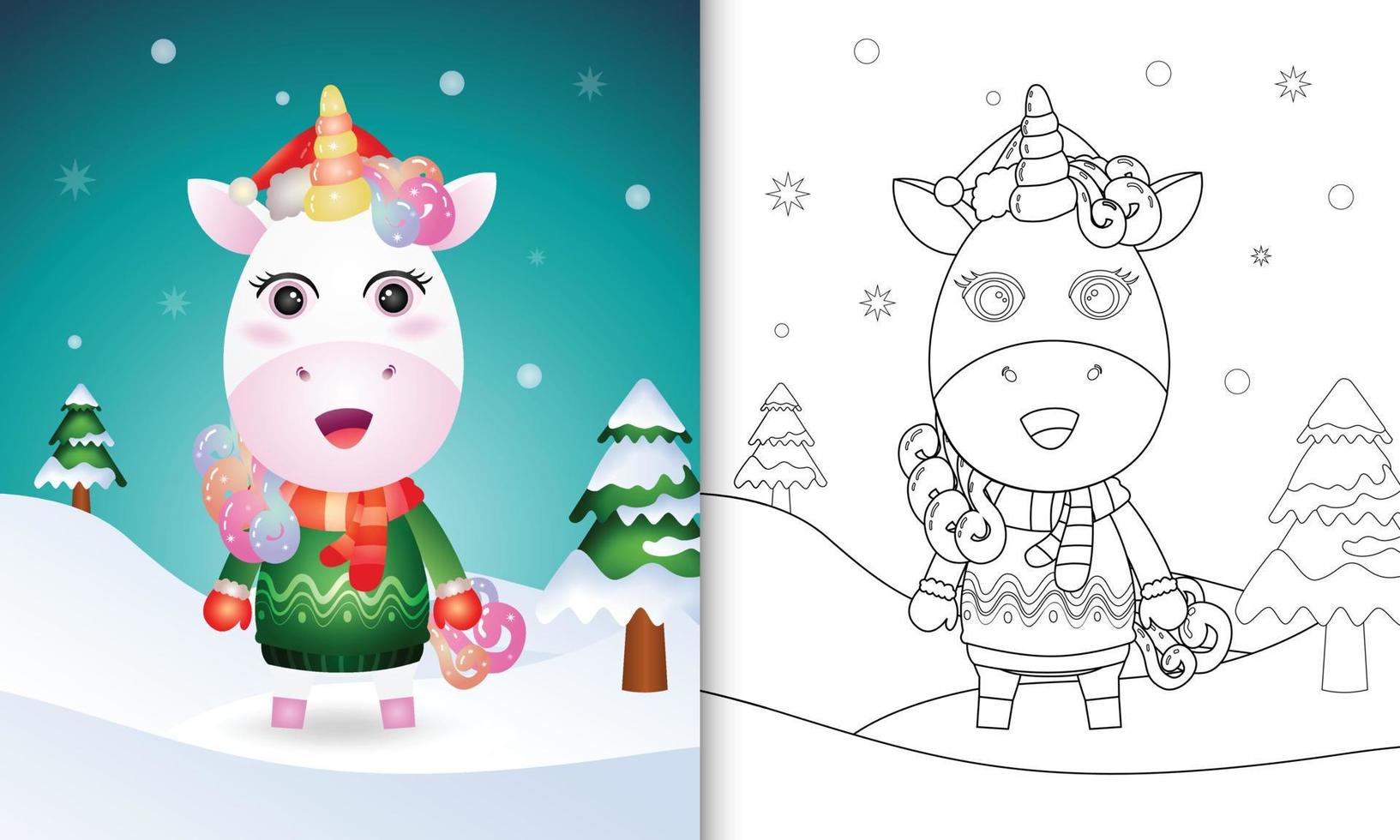 libro para colorear con un lindo unicornio personajes navideños con gorro de Papá Noel, chaqueta y bufanda vector