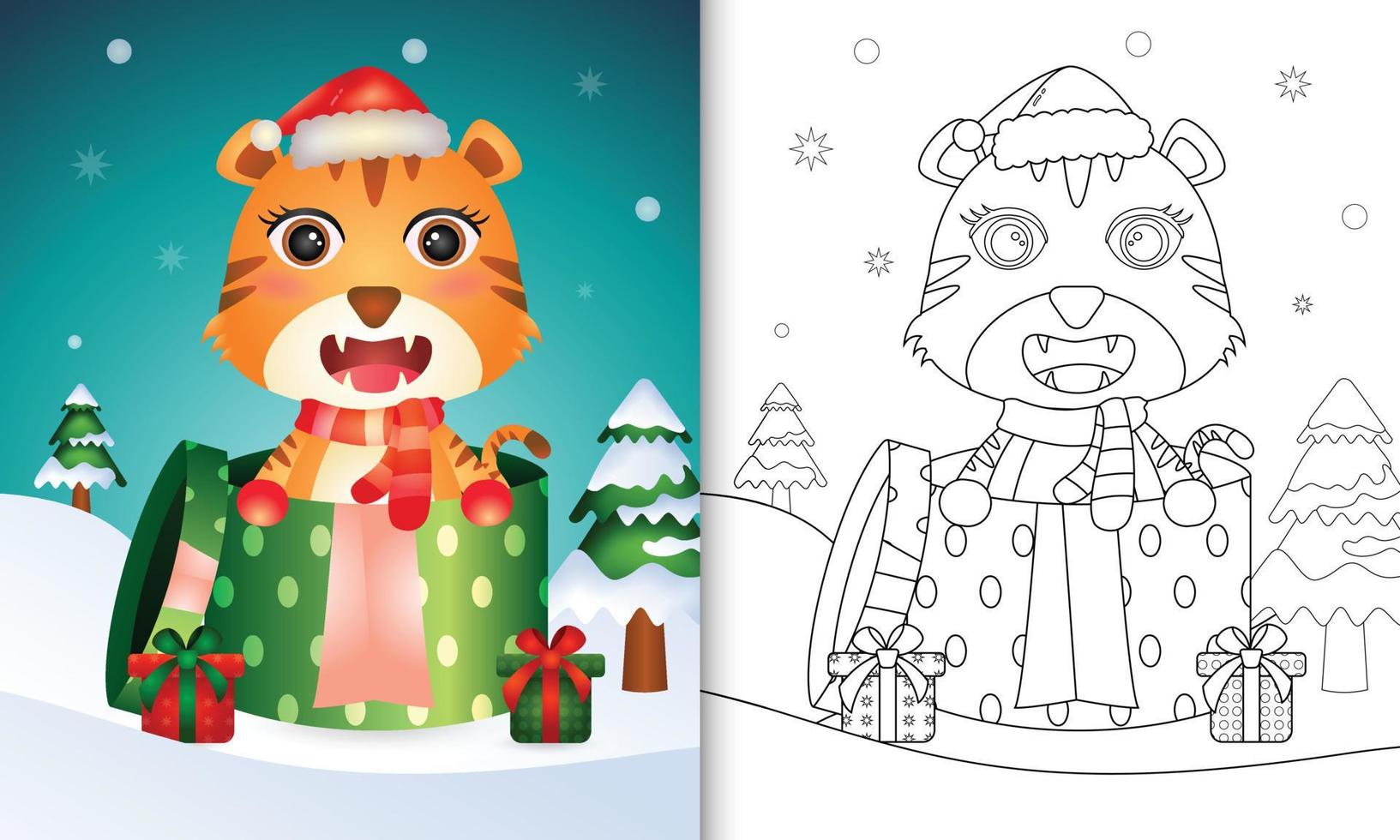 libro para colorear con un lindo tigre personajes navideños usando gorro de Papá Noel y bufanda en la caja de regalo vector