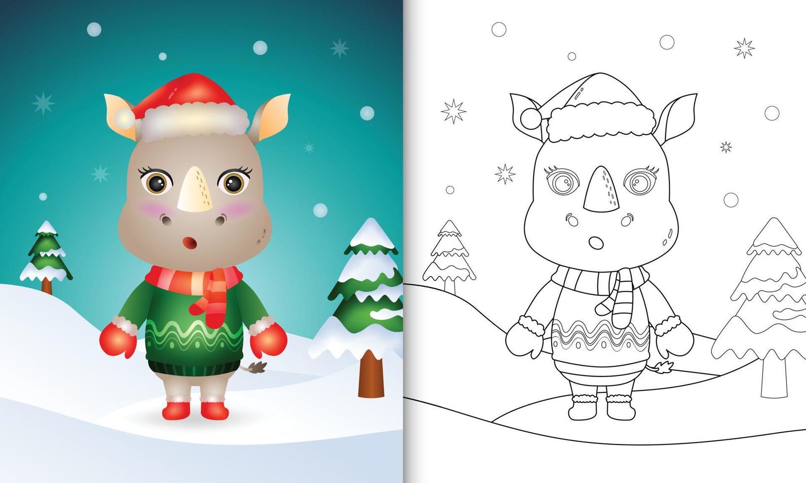 coloring book with a cute rhino christmas characters with a santa hat, jacket and scarf vector