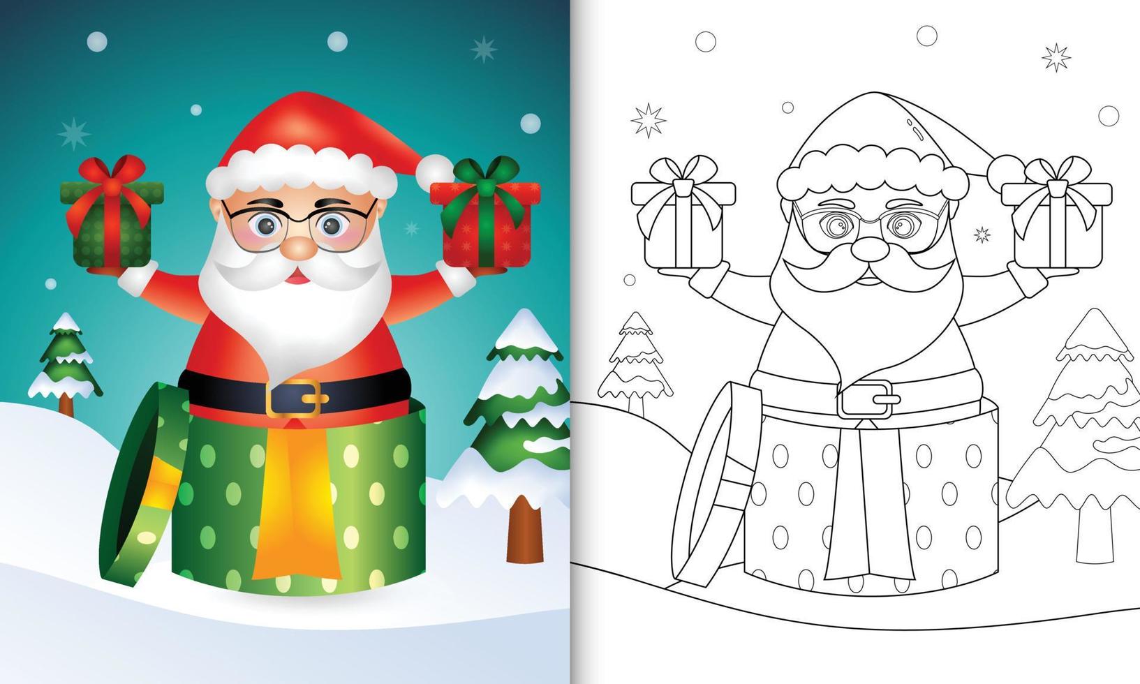 coloring book with a cute santa christmas characters in the gift box vector
