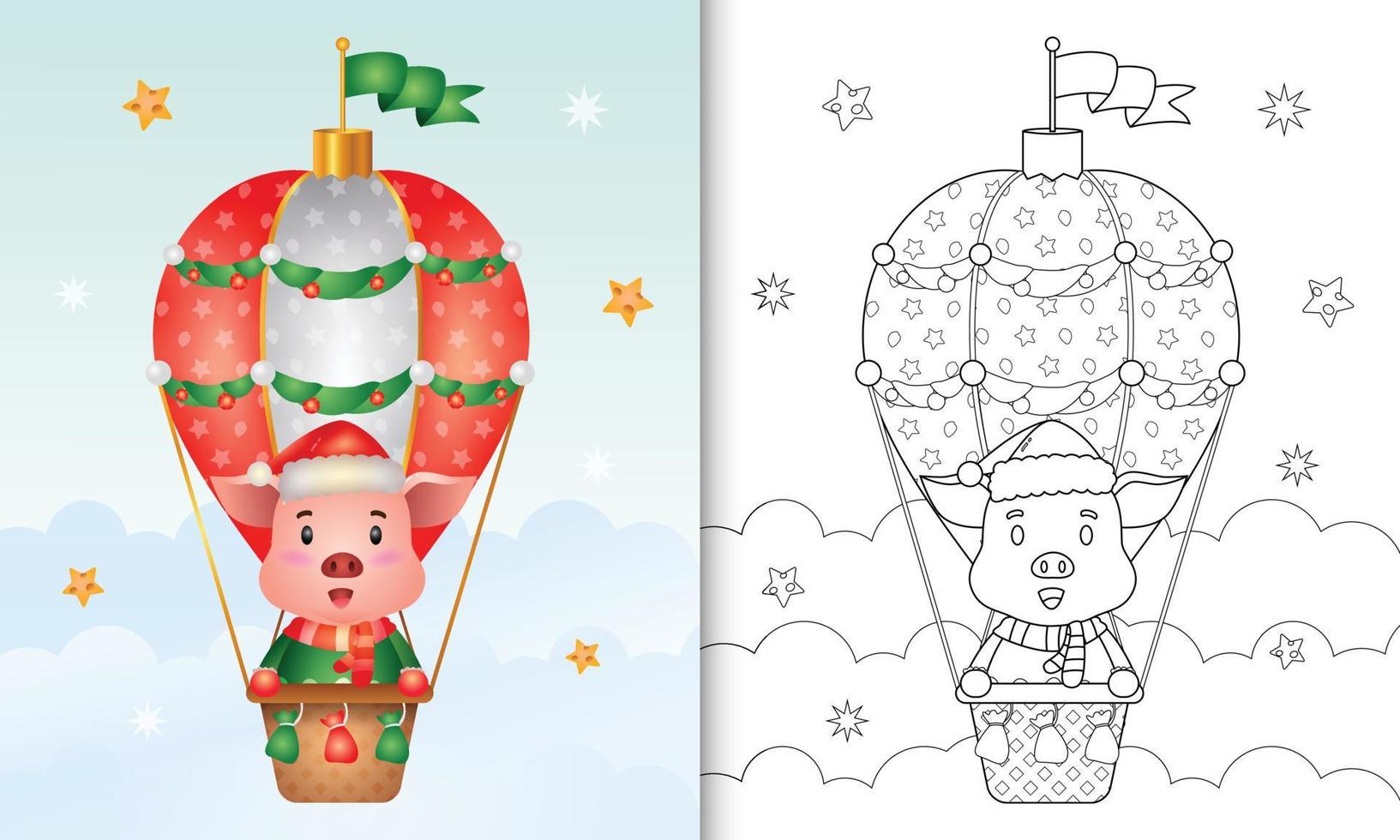 coloring book with a cute pig christmas characters on hot air balloon with a santa hat, jacket and scarf vector