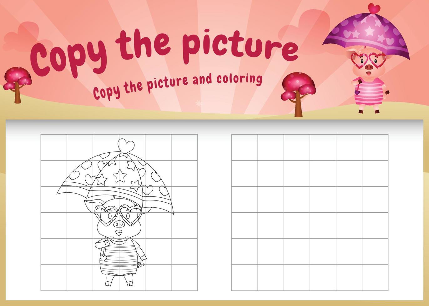 copy the picture kids game and coloring page with a cute pigs using valentine costume vector