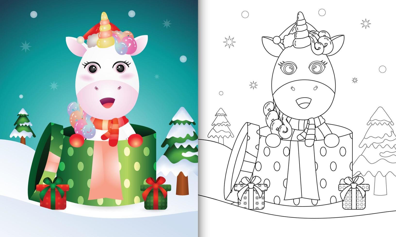 libro para colorear con un lindo unicornio personajes navideños usando gorro de Papá Noel y bufanda en la caja de regalo vector